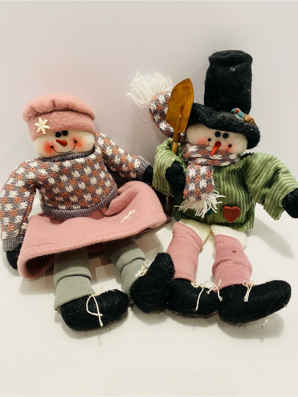 Handmade Pink & Green Snowman Doll Pair - Cute Holiday Plush Set
